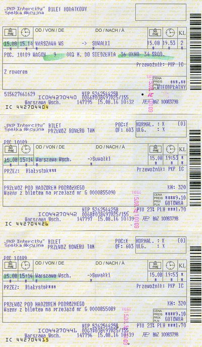 Jízdenka pro kolo (nutno koupit na pokladně na polském nádraží, ve vlaku se neprodává, stojí 9,10 Zl.)<br /><br />+jízdenka pro osobu (pořád ta stejná)