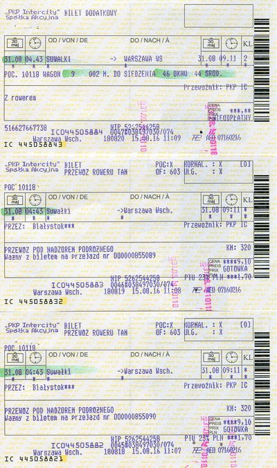 Jízdenky pro kolo (koupené osobně na polském nádraží, 9,10 Zl.)<br /><br />+jízdenka pro osobu (pořád ta stejná)