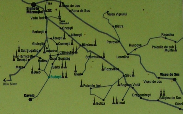 Schematická mapa oblasti Maramureš s kostely